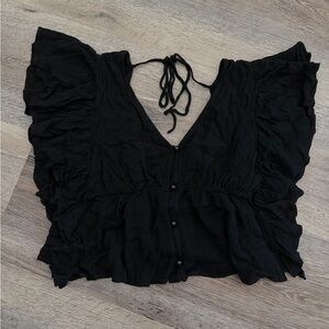 Altar'd State Black Ruffle Flutter Tie-Back Cropped Blouse